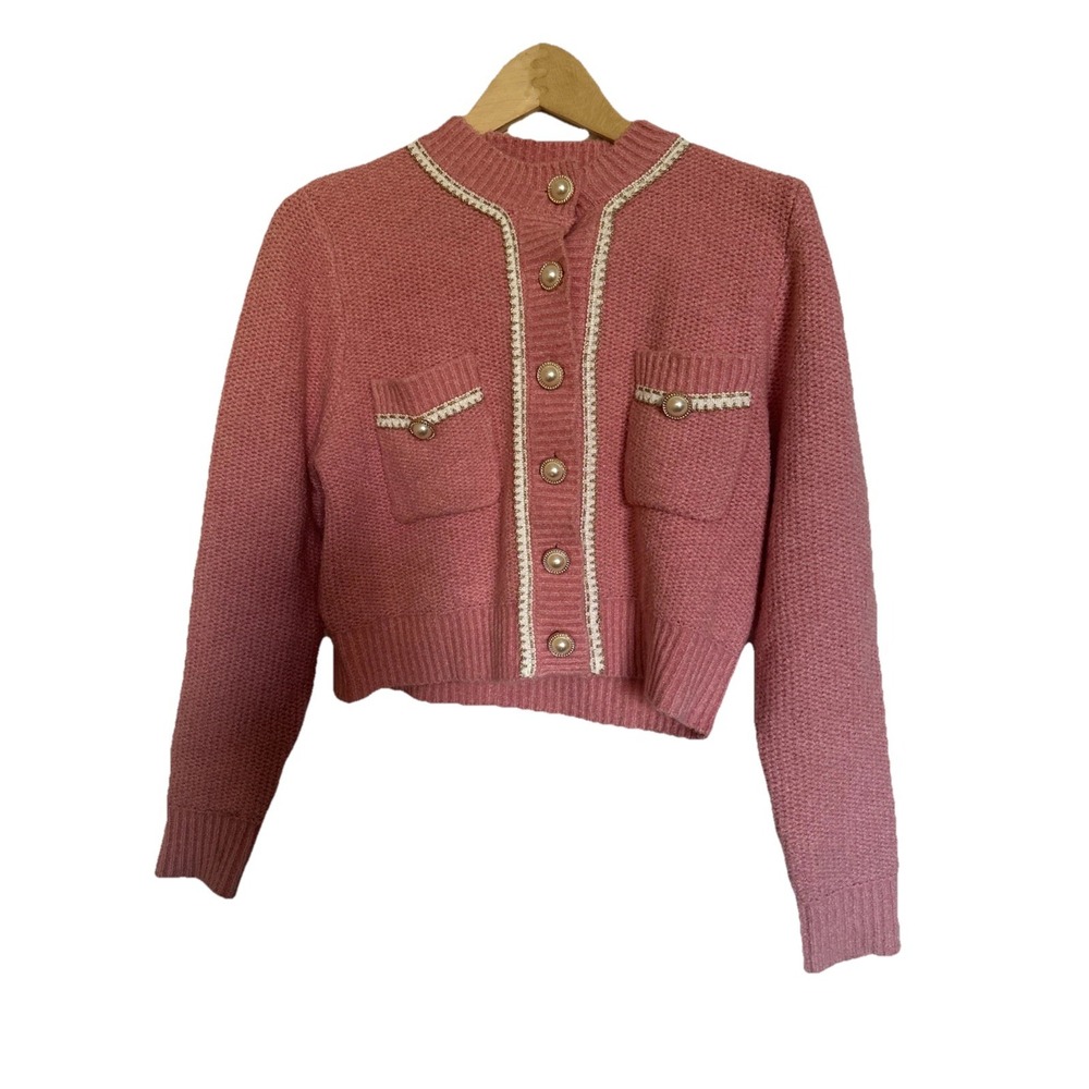 Elodie Pink White Classic Elegance Parisian Chic Cardigan Pearl Buttons Small - Picture 9 of 9